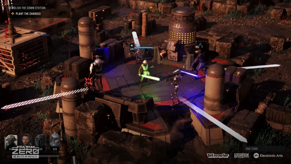 Official Star Wars: Zero Company gameplay screenshot showing a squad fighting among industrial structures, with action-point indicators visible in the interface.