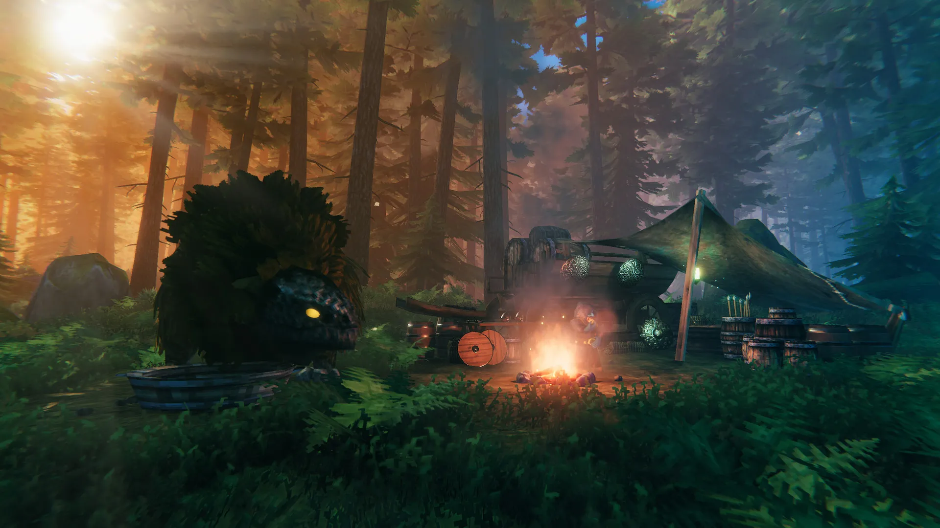 A Valheim campsite among tall trees, with a campfire, shelter, supplies, and a large feathered creature nearby.