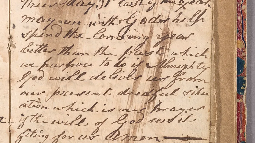 Close crop of Patrick Breen's handwritten diary, with dark ink across a stained manuscript page.
