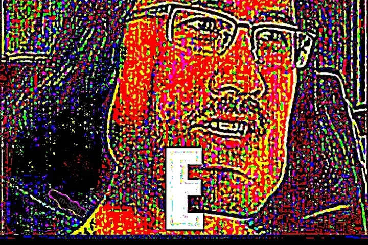 A heavily distorted, brightly colored composite face wearing glasses, overlaid with a large white letter E.