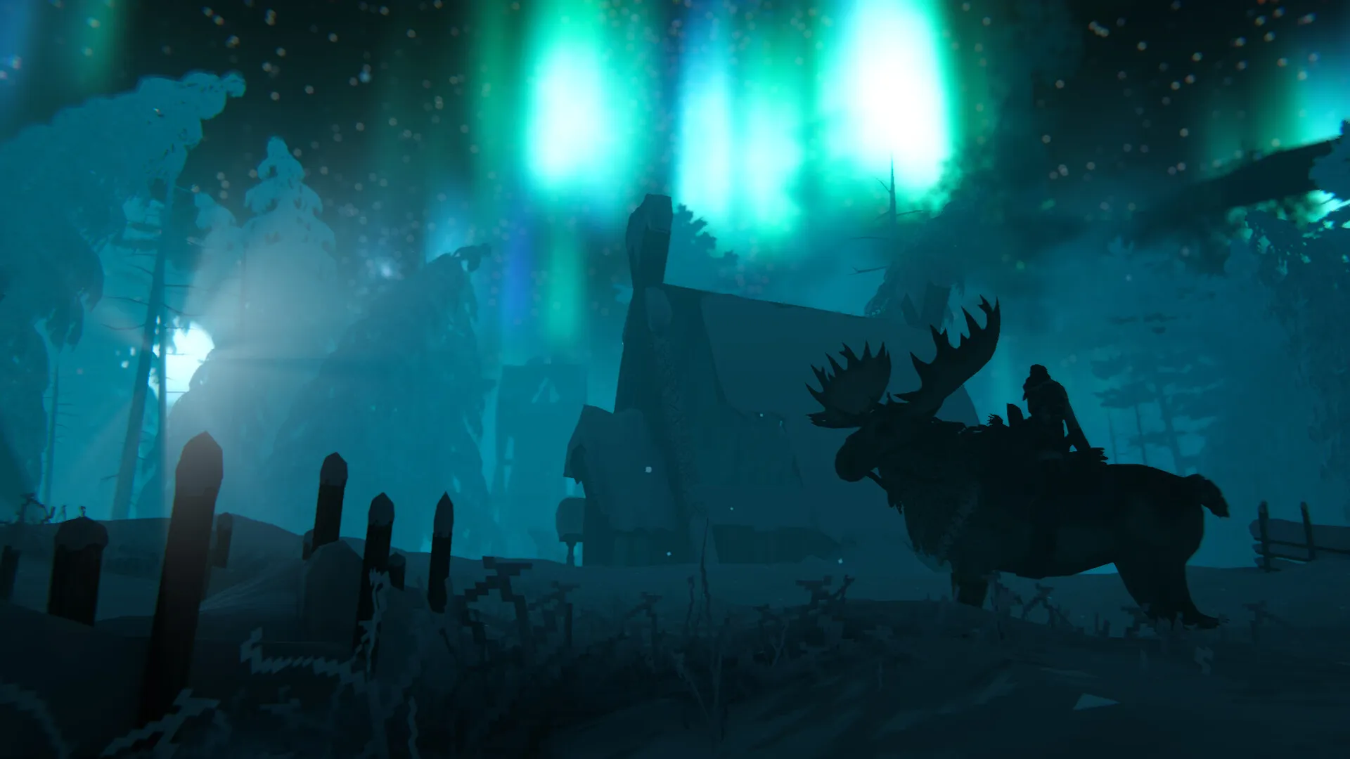 Green aurora lights a snowy Valheim settlement, with a rider on an antlered mount silhouetted beside a wooden building.
