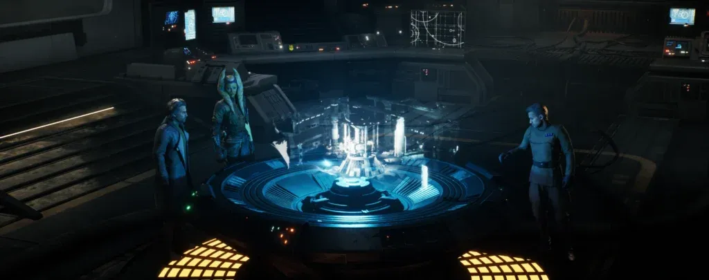 Three characters gathered around a glowing blue holographic war table in a dark Star Wars: Zero Company command room.