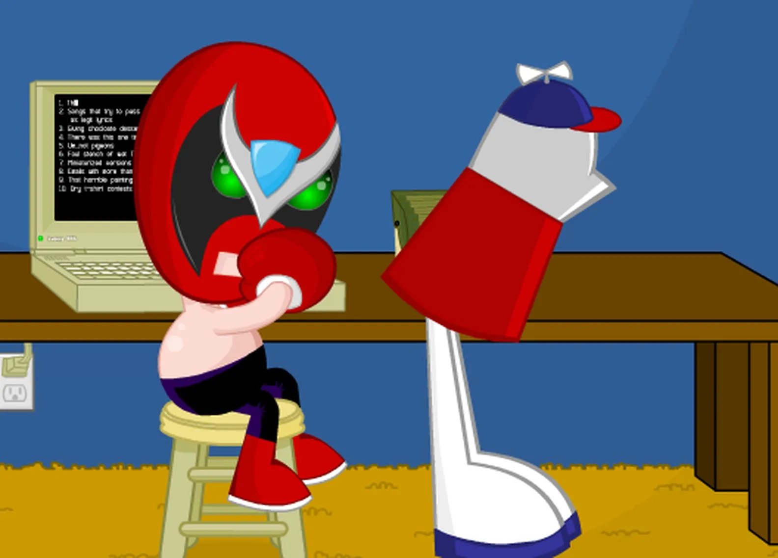 Strong Bad sits at his computer while Homestar Runner stands beside him.