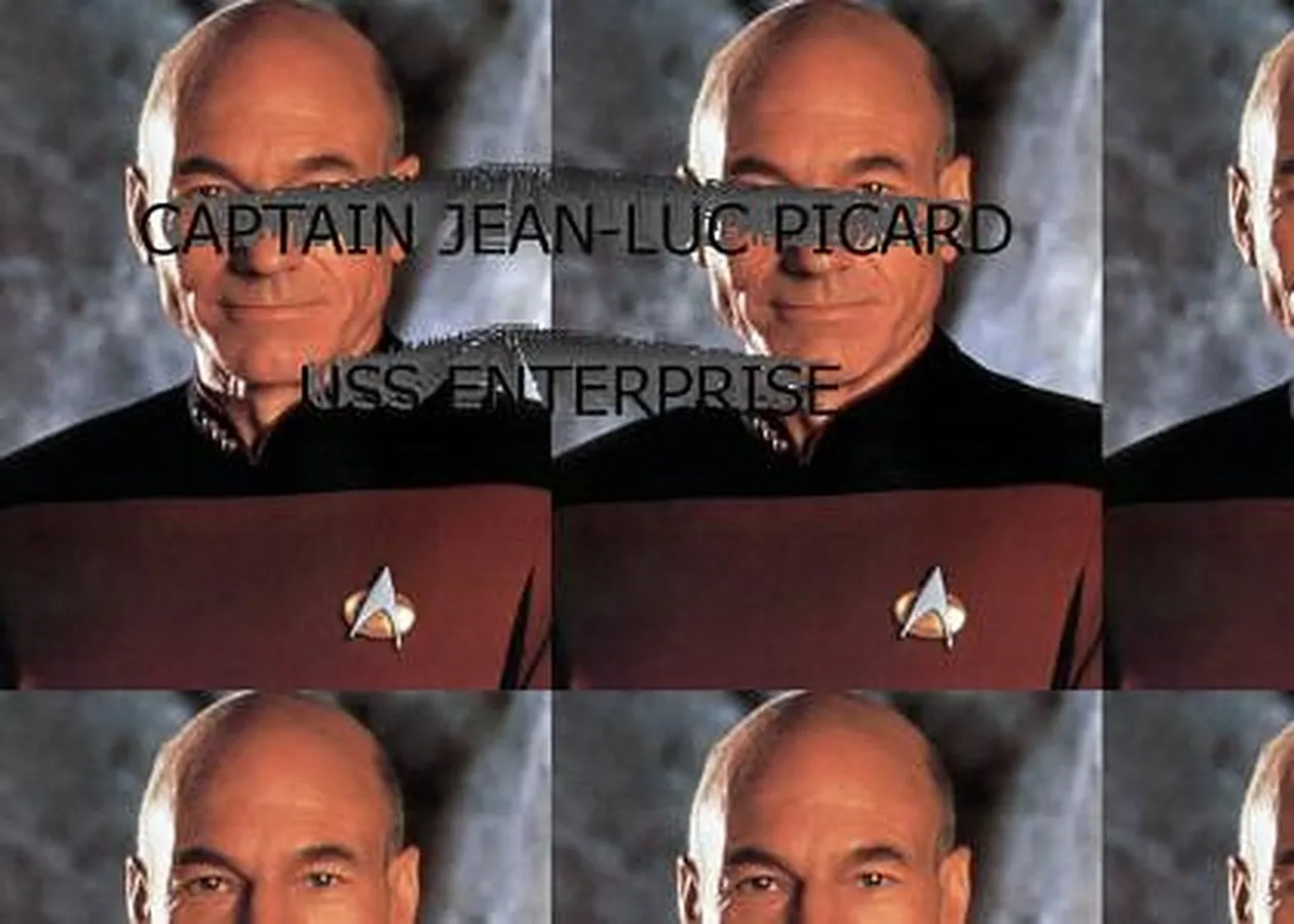 A tiled photograph of Captain Jean-Luc Picard overlaid with the words Captain Jean-Luc Picard and USS Enterprise.